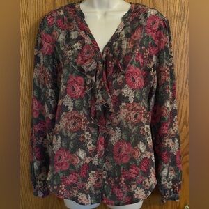 Johnny Was Jade Floral Blouse Long Sleeves Ruffled Front 100% Silk Women's Sz S